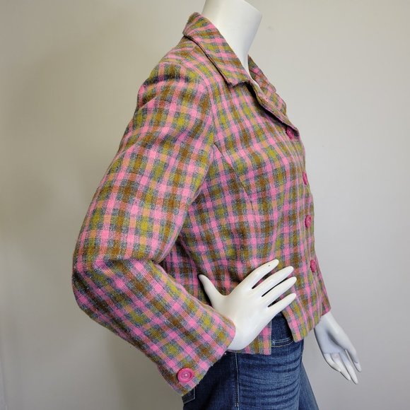 Vtg 60s Handmade Mad Men Pink Plaid Wool Blend Cropped Blazer Jacket Womens M - Picture 8 of 14